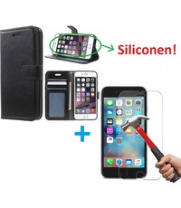 Merkloos iPhone 5 5S Portemonnee hoesje zwart met Glazen screenprotector