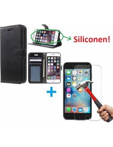 Merkloos iPhone 5 5S Portemonnee hoesje zwart met Glazen screenprotector