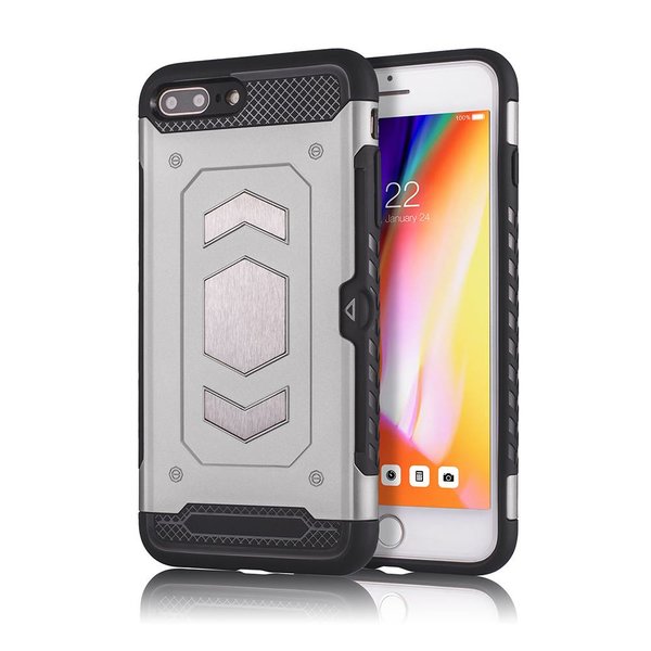 Ntech Ntech hoesje Geschikt voor iPhone 7+ / 8+ Luxe Armor Case met Pashouder - Zilver