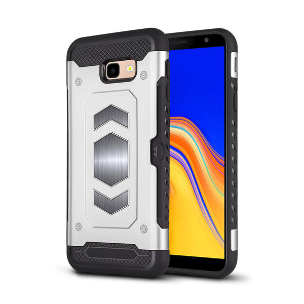 Ntech Ntech Geschikt voor Samsung Galaxy J4 Plus (2018) Luxe Armor Case Pashouder - Zilver