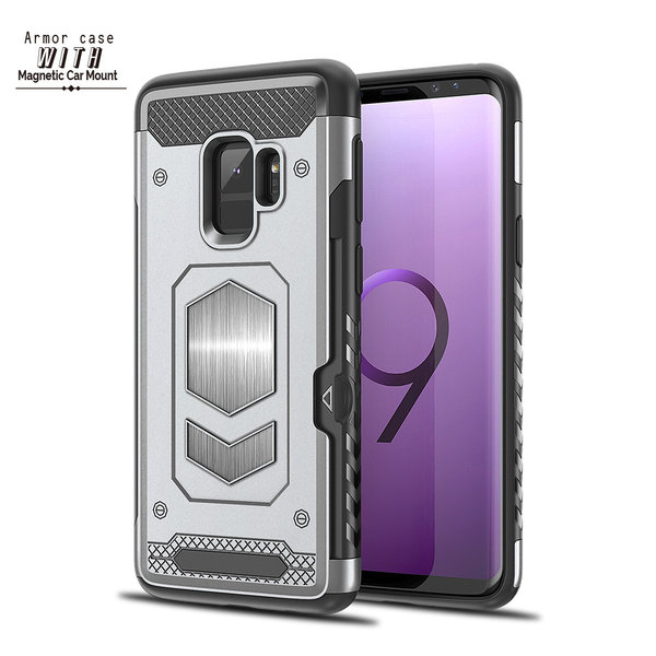 Ntech Ntech Geschikt voor Samsung Galaxy S9 Luxe Armor Case met Pashouder - Zilver