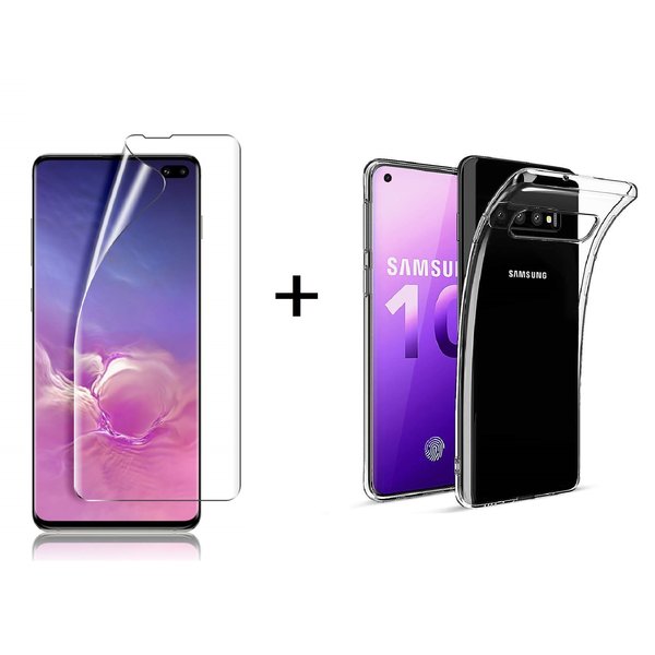 Ntech Ntech Screenprotector Geschikt voor Samsung Galaxy S10+ Plus PET Folie Screenprotector|Fingerprint Unlocking+TPU Back Cover Clear