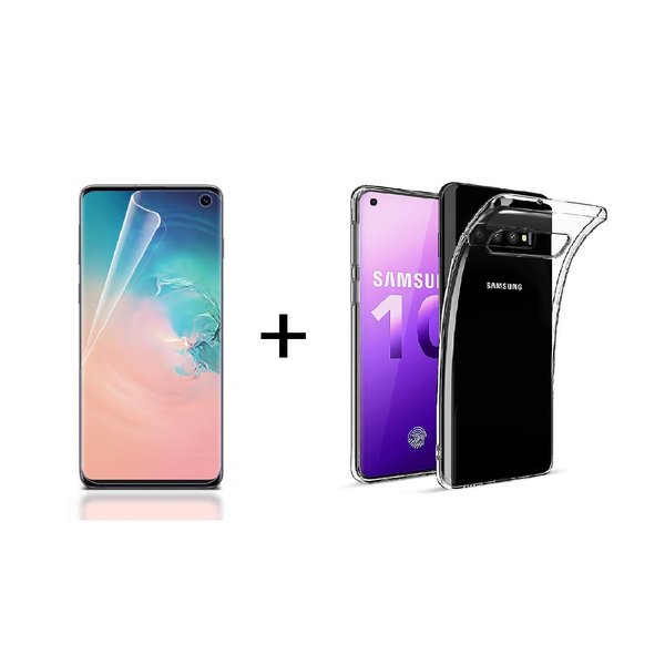 Ntech Ntech Screenprotector Geschikt voor Samsung Galaxy S10 PET Folie Screenprotector | Fingerprint Unlocking + TPU Back Cover Clear