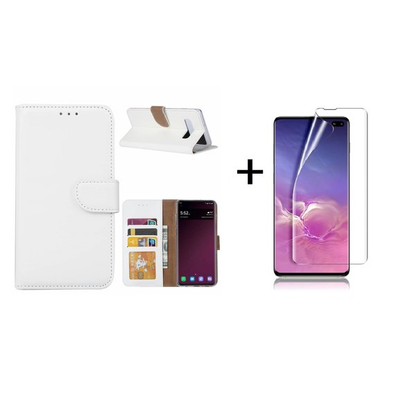 Ntech Ntech Hoesje Geschikt Voor Samsung Galaxy S10 Plus Book Hoesje Wit + Folie creenprotector