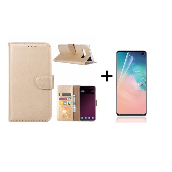 Ntech Ntech Hoesje Geschikt Voor Samsung Galaxy S10 Book Hoesje Goud + PET Folie screenprotector