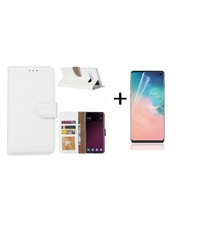 Ntech Ntech Samsung Galaxy S10 portemonnee hoesje |met opbergvakjes Wit + PET Folie Screenprotector Clear