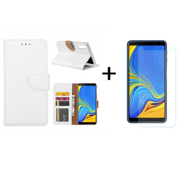 Ntech Ntech Hoesje Geschikt Voor Samsung Galaxy A7 2018 Wit BookType Hoesje & opbergvakjes + Glazen Screenprotector