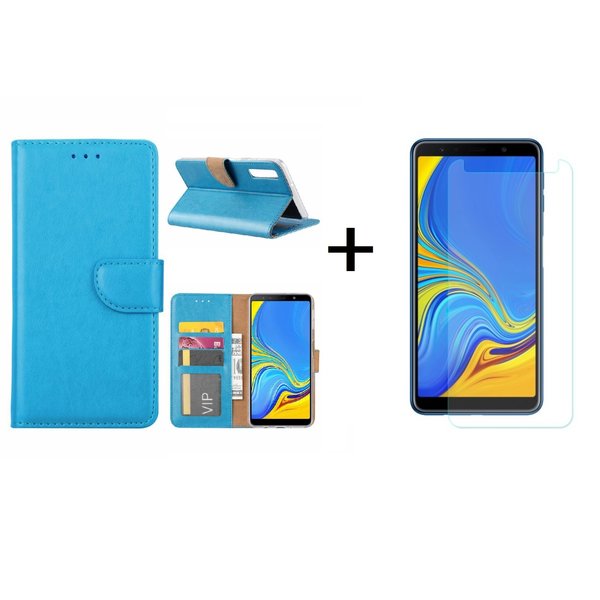 Ntech Ntech Hoesje Geschikt Voor Samsung Galaxy A7 2018 Turquoise BookType Hoesje & opbergvakjes + Glazen Screenprotector