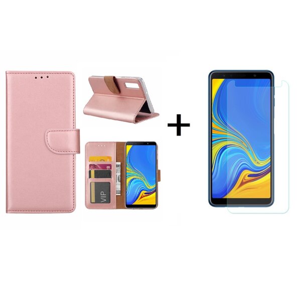 Ntech Ntech Samsung Galaxy A7 2018 Rose Goud BookType Hoesje & opbergvakjes + Glazen Screenprotector