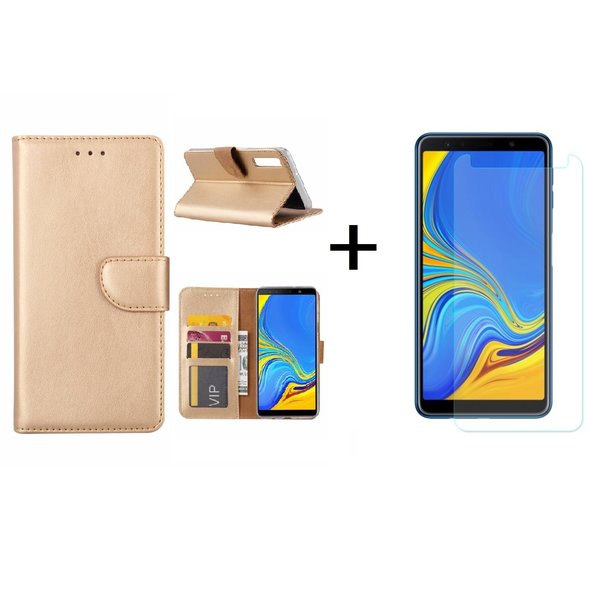 Ntech Ntech Hoesje Geschikt Voor Samsung Galaxy A7 2018 Goud BookType Hoesje & opbergvakjes + Glazen Screenprotector