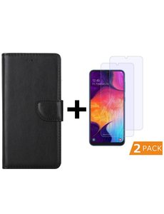 Ntech Ntech Samsung Galaxy A50 Portemonnee hoesje - Zwart Met 2 stuks Glazen screenprotector