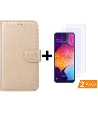 Ntech Ntech Samsung Galaxy A50 Portemonnee hoesje - Goud Met 2 stuks Glazen screenprotector