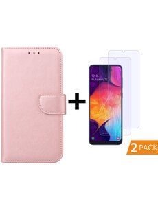 Ntech Ntech Samsung Galaxy A50 Portemonnee hoesje - Rose Goud Met 2 stuks Glazen screenprotector