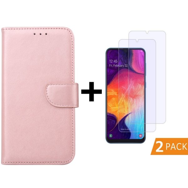 Ntech Ntech Hoesje Geschikt Voor Samsung Galaxy A50 Portemonnee hoesje - Rose Goud Met 2 stuks Glazen screenprotector