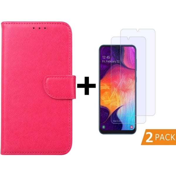 Ntech Ntech Hoesje Geschikt Voor Samsung Galaxy A50 Portemonnee hoesje - Pink + 2xTempered Glas