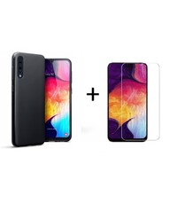 Ntech Ntech Hoesje Silicone Hoesje Flexibel & Scratch Resistent TPU Case Samsung Galaxy A50 - Zwart + Glazen Screenprotector