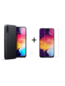 Ntech Ntech Hoesje Silicone Hoesje Flexibel & Scratch Resistent TPU Case Samsung Galaxy A50 - Zwart + Glazen Screenprotector