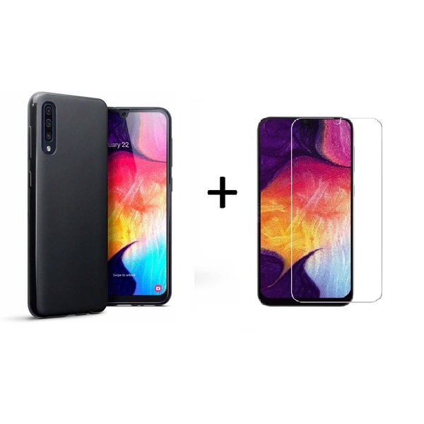 Ntech Ntech Hoesje Silicone Hoesje Flexible & Scratch Resistent TPU Case Hoesje Geschikt Voor Samsung Galaxy A50 - Zwart + Glazen Screenprotector