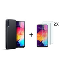 Ntech Ntech Hoesje Silicone Hoesje Flexibel & Scratch Resistent TPU Case Samsung Galaxy A50 - Zwart + 2 Stuks Glazen Screenprotector