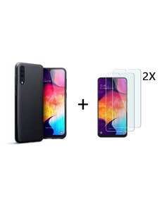 Ntech Ntech Hoesje Silicone Hoesje Flexibel & Scratch Resistent TPU Case Samsung Galaxy A50 - Zwart + 2 Stuks Glazen Screenprotector