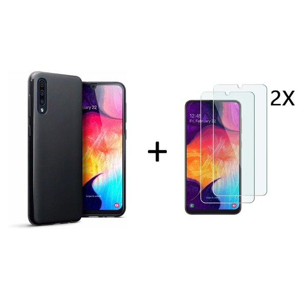 Ntech Ntech Hoesje Silicone Hoesje Flexible & Scratch Resistent TPU Case Hoesje Geschikt Voor Samsung Galaxy A50 - Zwart + 2 Stuks Glazen Screenprotector