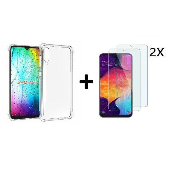 Ntech Ntech Hoesje Geschikt Voor Samsung Galaxy A50 Anti Shock Back hoesje + 2 StuksGlazen Screenprotector