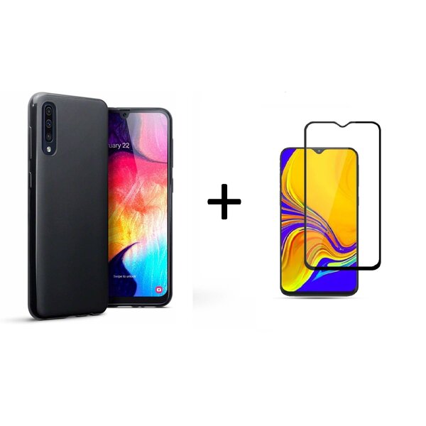 Ntech Ntech Hoesje Silicone Hoesje Flexible & Scratch Resistent TPU Case Hoesje Geschikt Voor Samsung Galaxy A50 - Zwart + Full Cover Glazen Screenprotector Zwart