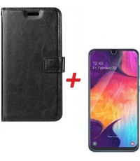 Merkloos Samsung Galaxy A70/A70s Portemonnee hoesje zwart met Glazen screenprotector