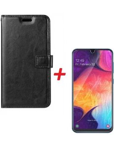 Merkloos Samsung Galaxy A70/A70s Portemonnee hoesje zwart met Glazen screenprotector