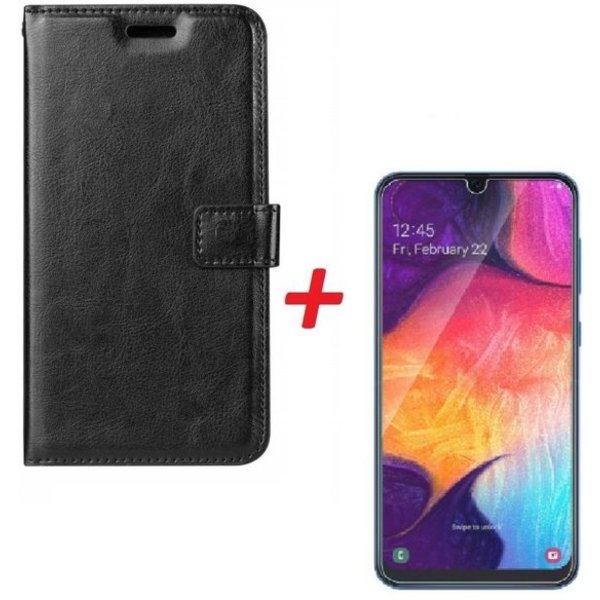 Merkloos Samsung Galaxy A70/A70s Portemonnee hoesje zwart met Glazen screenprotector