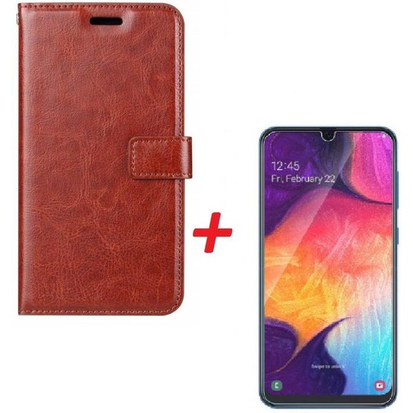 Ntech Ntech Samsung Galaxy A40 Portemonnee hoesje Bruin met Glazen screenprotector