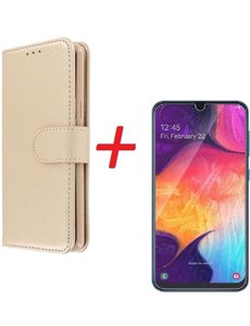 Ntech Ntech Samsung Galaxy A40 Portemonnee hoesje Goud met Glazen screenprotector