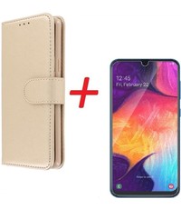 Ntech Ntech Samsung Galaxy A70/A70s Portemonnee hoesje Goud Met Glazen screenprotector