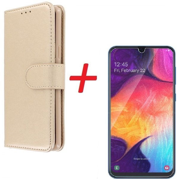 Ntech Ntech Hoesje Geschikt Voor Samsung Galaxy A70/A70s Portemonnee hoesje Goud Met Glazen screenprotector