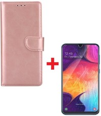 Ntech Ntech Samsung Galaxy A70/A70s Portemonnee hoesje Rose Goud Met Glazen screenprotector