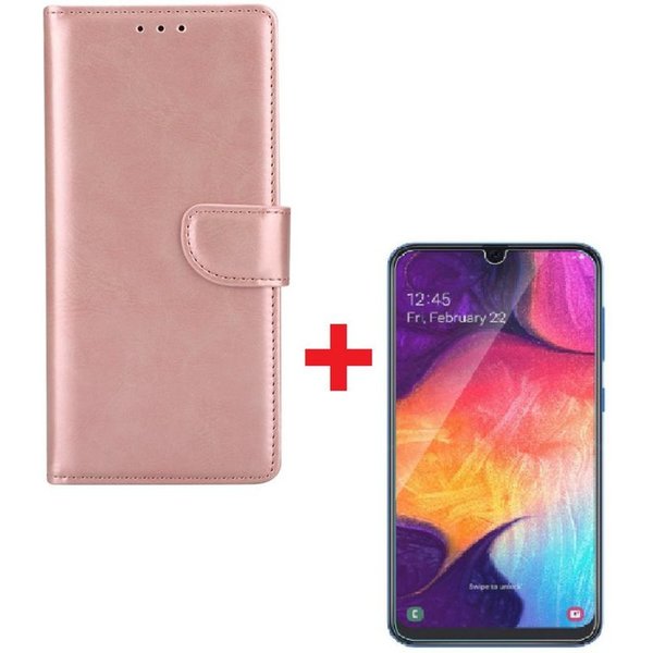 Ntech Ntech Hoesje Geschikt Voor Samsung Galaxy A70/A70s Portemonnee hoesje Rose Goud Met Glazen screenprotector