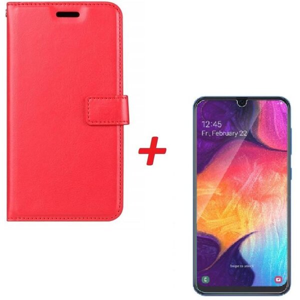 Ntech Ntech Hoesje Geschikt Voor Samsung Galaxy A70/A70s Portemonnee hoesje Rood Met Glazen screenprotector