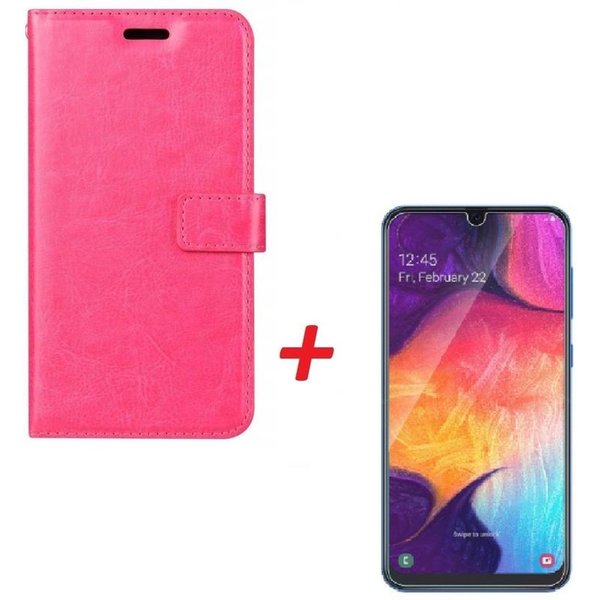 Ntech Ntech Hoesje Geschikt Voor Samsung Galaxy A70/A70s Portemonnee hoesje - Pink Met Tempered Glas