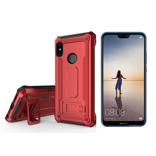 Ntech Ntech Hoesje Geschikt voor Huawei P20 Lite Armor hoesje met Kickstand - Rood