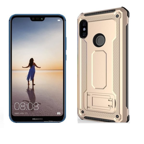 Ntech Ntech Hoesje Geschikt voor Huawei P20 Lite Armor hoesje met Kickstand - Goud