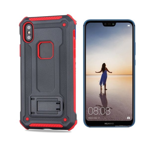 Ntech Ntech Hoesje Geschikt voor Huawei P20 Lite Armor hoesje met Kickstand Grijs & Rood