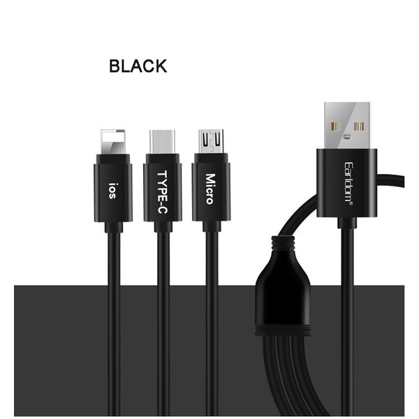 Merkloos Earldom Data kabel 3 in 1 USB Type-C | Lightning Kabel | Micro USB 1200mm - Zwart