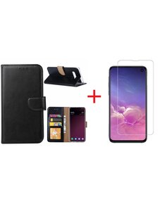 Ntech Ntech Hoesje voor Samsung Galaxy S10e portemonnee hoesje - Zwart + Screenprotector glas