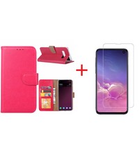 Ntech Ntech Hoesje voor Samsung Galaxy S10e portemonnee hoesje - Roze/Pink + Screenprotector glas