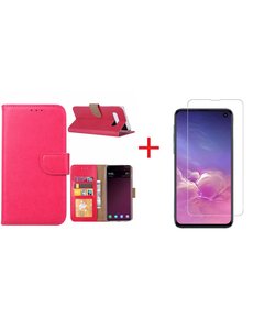 Ntech Ntech Hoesje voor Samsung Galaxy S10e portemonnee hoesje - Roze/Pink + Screenprotector glas