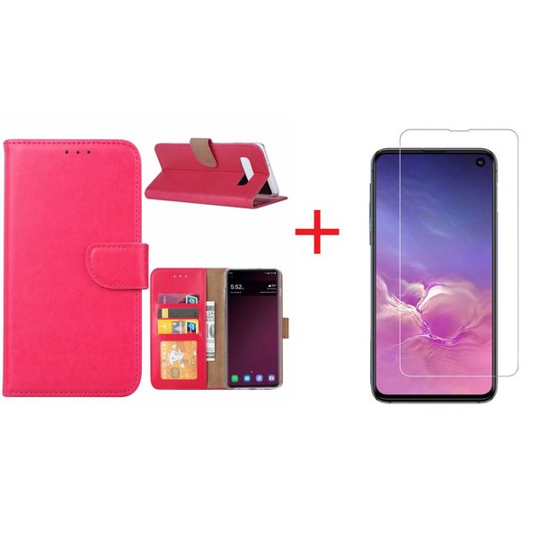 Ntech Ntech Hoesje Geschikt Voor Samsung Galaxy S10e portemonnee hoesje - Roze/Pink + Screenprotector glas