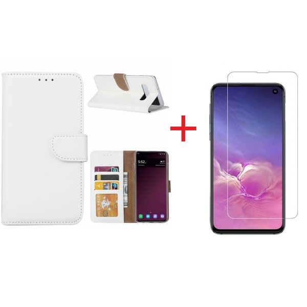 Ntech Ntech Hoesje Geschikt Voor Samsung Galaxy S10e portemonnee hoesje - Wit + Screenprotector glas