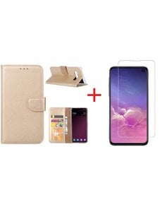 Ntech Ntech Hoesje voor Samsung Galaxy S10e portemonnee hoesje - Goud + Screenprotector glas