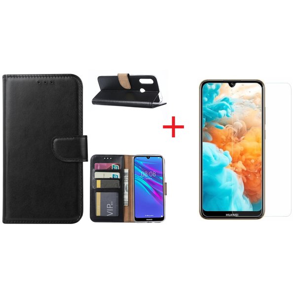 Ntech Ntech Portemonnee Hoesje/Book Case met Opbergvakjes Geschikt voor Huawei Y6 2019 - Zwart + Screenprotector glas