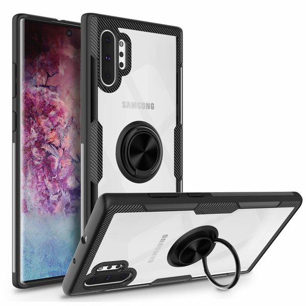 Ntech Ntech Geschikt voor Samsung Galaxy Note 10 Plus Luxe TPU Metale Ring houder - Zwart